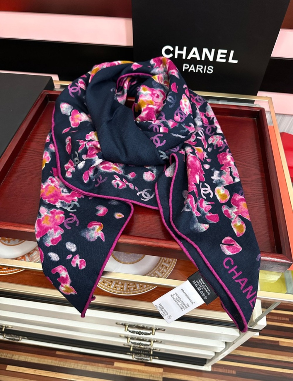 Chanel Watercolor Flower Print Large Square Scarf Navy Multi‑Color - Picture 2 of 8